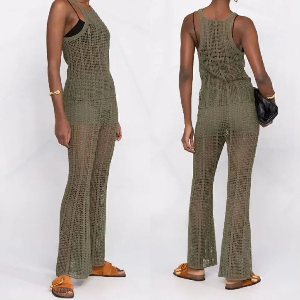 Dion Lee Green Pants Trousers Knit Pinnacle Open Crochet Moss Flared Size 8